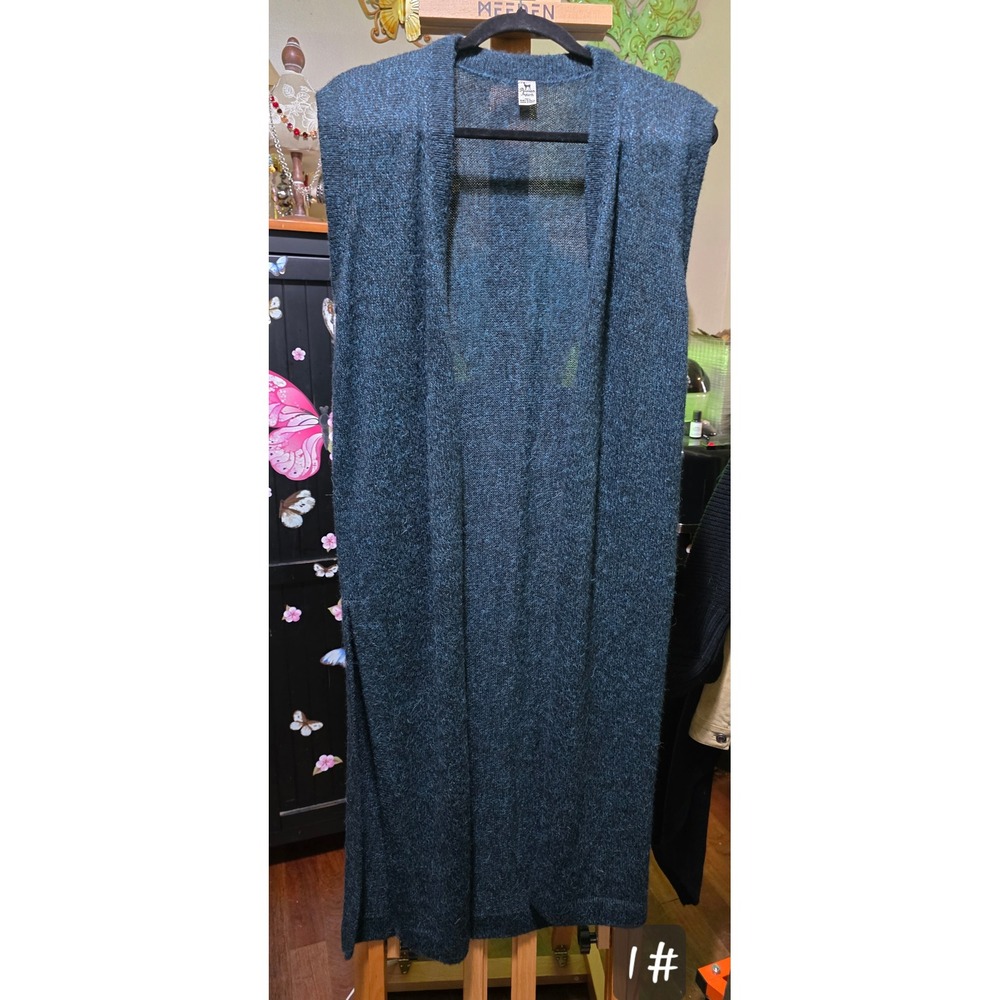 Peruvian Imports 100% Baby Alpaca Long Sleeveless Cardigan Vest Duster Teal Blue